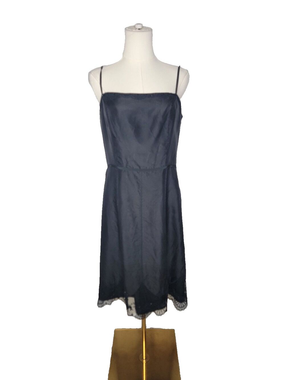 Ann Taylor Sleeveless Silk Strap Dress Black w/Lace Beading Sz 8 y2k 2012